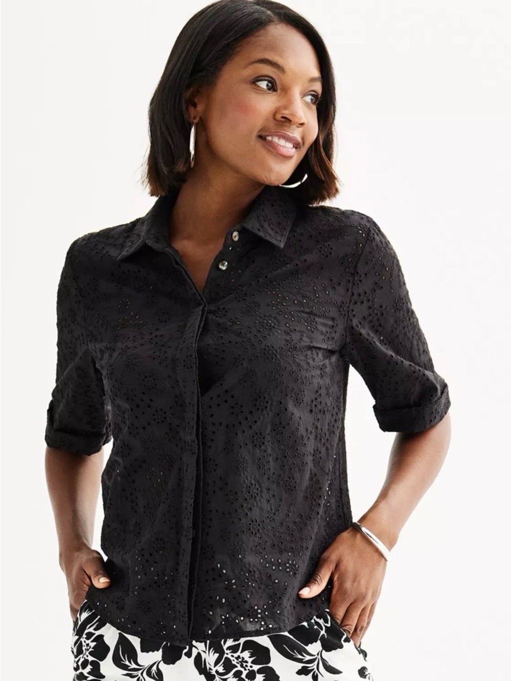 Draper James Black Eyelet Button-Down Shirt